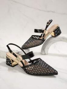 Sandalias de verano para mujer con malla hueca y punta abierta, correa de metal con tacón ancho, zapatos de moda con malla transpirable y de fácil deslizamiento, adecuados para fiesta, cita, ir al trabajo - Negro - Ver 6