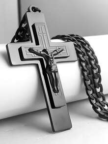 Men's Stainless Steel Jesus Cross Pendant Necklace Suitable For Casual & Formal Wear, Non-Fading Religious Amulet Gift For Church, Wedding, Daily Jewelry For Christians - Necklace - View 1