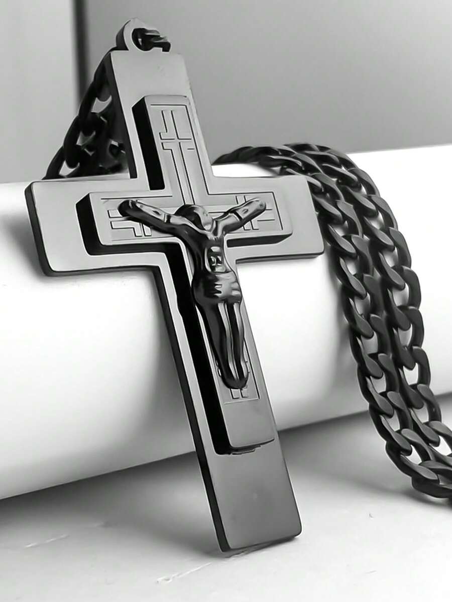 Men's Stainless Steel Jesus Cross Pendant Necklace Suitable For Casual & Formal Wear, Non-Fading Religious Amulet Gift For Church, Wedding, Daily Jewelry For Christians - Necklace - View 1
