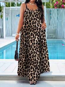 Lady CURVE Spring And Summer Casual All Over Leopard Print Beach Spaghetti Strap Prom Dress Suspender Dress Plus Size Dress Plaid Dress African Dress,Sun Dresses For Women Chic Dress - 彩色 - 查看 6