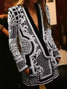 Jackets For Women Blazer Business Casual Woman Business Professional Women Cardigan For Women Summer Outfits For Women Summer Clothes Vacation Outfits Women 4th Of July Luxury Baroque Heavy Faux Pearl Beaded Velvet Blazer Jacket, Women's Glamorous Deep V Neck Rhinestone Embellished Long Sleeve Structured Shoulder Open Front Cardigan Coat For Party Night Out - trắng - Xem 2