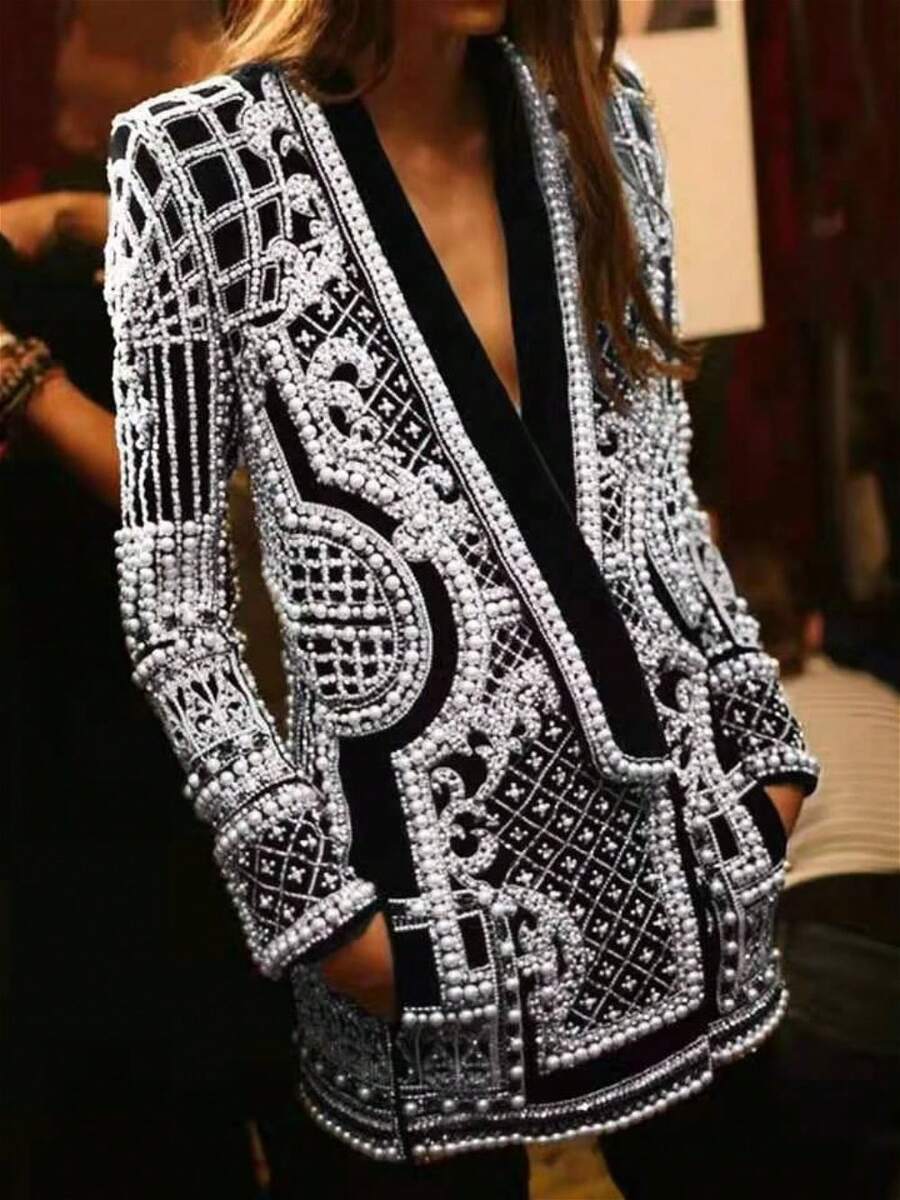Women's Embellished Beaded Blazer Jacket, Statement Long Sleeve Blazers For Women, Jackets For Women, Vacation Outfits Women, Fall Clothes For Women - 白色 - 查看 1