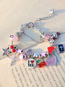 1pc "Love Yourself" Slogan DIY Bracelet, 1pc Cute Red Cherry Charm Bracelet, 1pc Pink Leopard Star Girl Bracelet, 1pc Cross Star Bracelet, 1pc Punk Music Festival Bracelet - Silver - View 7