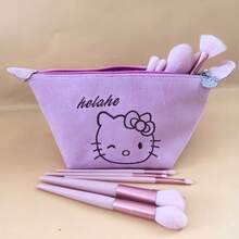 SANRIO 新款麂皮刺绣猫耳化妆包，可爱便携大容量化妆包，粉色和棕色 - 查看 11