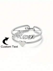 1PC Custom Stainless Steel Name Rings For Women, Customized Adjustable Heart Wedding Ring, Personalized Couple Jewelry, Ideal Gifts For Him,Ideal Gifts For Her,Her,Boyfriend,Girlfriend,Dad,Mom,Family,Friends,For Anniversaries - Silver - View 3