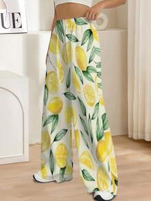 Women Summer Wide Leg Pants Lemon Print Fresh Citrus Leaf Pattern Round Neck Casual Top Soft Cotton Graphic Tee Fashion Fashion Hot Weather Comfortable Stylish Available Multiple Sizes Yoga Pants - 彩色 - 查看 2