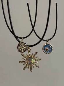 女士复古油滴花朵太阳吊坠项链，配皮绳 - 彩色 - 查看 9