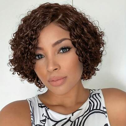 蓬松卷发 3 束双抽 6 英寸短款 Remy 真人发假发接发 #4 色发束