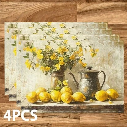 4pcs/6pcs/8pcs Vintage Lemon Pattern Placemats, Suitable For Dining Table, Coffee Bar, All Seasons Decor, Washable Table Mats, Room Decor, Kitchen Dining Table Mats, Indoor/Outdoor Party Decor, Home Decor, Ideal Gift