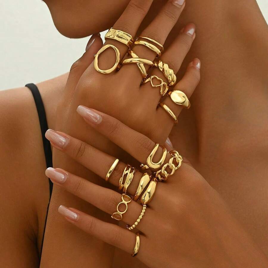 Juego de 16 anillos minimalistas apilables con textura, anillos de cadena retorcida hueca de estilo bohemio y Y2K, adecuados para apilar a diario y usar en estilo callejero, anillos de vacaciones de verano - Juego de anillos - Ver 1