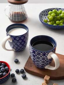 DOWAN Kaffeetassen Set, 6 x 560 ml Kaffeebecher Porzellan, Große Tassen im Chinesischen Traditionellen Musterstil für Kaffee, Milch, Tee & , Coffee Mug Mehrfarbig - Blau und Weiß - Übersicht 2