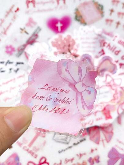 50pcs Pink Bow Stickers With Bible Verse, PET Transparent Stickers Suitable For Water Bottles, Laptops, Luggage, Diaries, Phones And Other DIY Decorations, 1pc