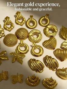 Ensemble de 4/12/18/24 pièces de boucles d'oreilles dorées élégantes, fabriquées en acier inoxydable moulé, comprenant des motifs de cœur, de feuille, de papillon, de motif ajouré et géométrique. Les boucles d'oreilles sont fabriquées à partir de matériaux hypoallergéniques. Ces boucles d'oreilles en acier inoxydable simples et à la mode sont parfaites pour le port quotidien des femmes, et constituent également d'excellents cadeaux pour les amies. - Multicolore - Voir 3