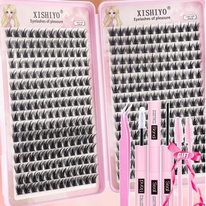 384pcs D-Curl Fluffy False Eyelashes Set, Includes Beginner-Friendly Eyelash Tutorial, Thick & Voluminous DIY Segmented False Lashes, With Glue, Sealant, Tweezers, Lash Brush, Magnifies Eyes, Lightweight & Reusable, Large Capacity Individual Lashes Set, Soft & Natural Mixed Lashes, Create 3D Dimensional Eye Makeup, For Home DIY, Travel, Daily Commute, Evening Party, Wedding Bride Makeup, Etc.