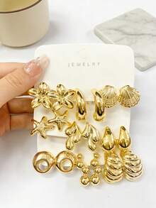 1-9 Đôi bông tai kiểu dáng retro châu Âu và Mỹ hình sao biển, vỏ sò, hoa, được làm từ chất liệu CCB cao cấp, thích hợp cho kỳ nghỉ hè ở bãi biển và đeo hàng ngày của phụ nữ. - Vàng - Xem 10