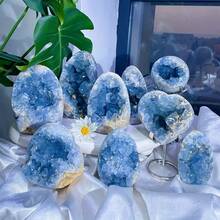 1PC Bohemian Celestite Cluster (Rock Crystal With Natural Cracks, Not Damaged), Unique Blue Mineral Specimen, Geode, Suitable For Home And Office Decoration - Blue and White - View 12