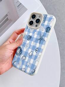 1pc White Litchi Texture Shockproof TPU Phone Case, Fashionable Checkered Pattern With Starfish & Shell Graphic, Suitable For IPhone 7/8/7 Plus/8 Plus/X/XS/XR/XS Max/11/11 Pro/11 Pro Max/12/12 Pro/12 Pro Max/12 Mini/13/13 Pro/13 Pro Max/13 Mini/14/14 Pro/14 Pro Max/14 Plus/15/15 Pro/15 Pro Max/15 Plus/16/16 Pro/16 Pro Max/16 Plus/17/17 Pro/17 Pro Max/Air - Multicolor - View 4