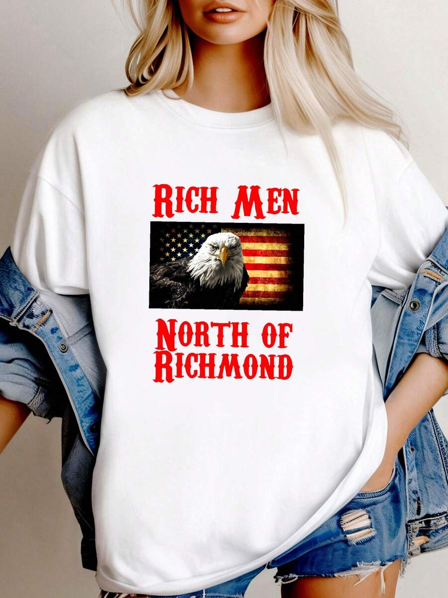 T-shirt femme imprimé "Rich Men North of Richmond Eagle Flag Country" avec manches longues ou courtes, à la mode - Blanc - Voir 1
