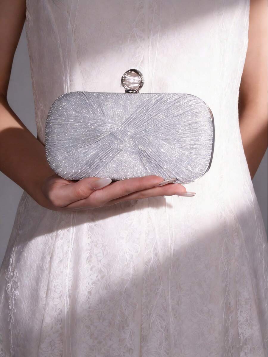 Fashionable & Elegant Glitter Mini Pleated Evening Clutch - Silver - View 1