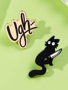 2件套趣味小众黑猫持刀胸针，Ugh字母设计，个性化表达时尚配饰徽章套装 - 彩色 - 查看 5