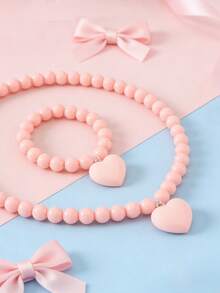 Bộ 2 món trang sức cho bé gái gồm vòng tay mặt dây chuyền hình trái tim dễ thương và dây chuyền đính hạt, thích hợp để đeo hàng ngày, dự lễ hội, làm quà sinh nhật. - Một cỡ - Xem 5