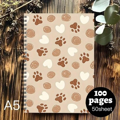 Cuaderno espiral de 100 páginas (50 hojas) con diseño de huellas de pata y corazones, en color marrón y blanco, ideal para escribir, llevar un diario o regalar a amigos y estudiantes, cuaderno de diario, cuaderno con patrón optimista, cuaderno con cubierta duradera