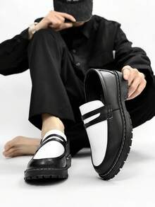 Men's Casual Thick Sole Slip-On Solid Black & White Color Leather Shoes, Wear-Resistant Student Flat Shoes, Business Formal Commuter Lightweight Casual Work Shoes - 8961 Black and White - View 4