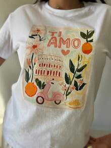 1 Piece Women's Casual Short Sleeve T-Shirt - Italian Style 'TI AMO' Pattern, Pink Scooter, Floral And Fruit Print, White Round Neck Top, Suitable For Birthdays And Holidays, Summer Essential, Machine Washable Comfortable Fabric - 白色 - 查看 1