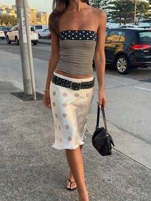 夏季女士时尚波点条纹印花性感露背无肩带上衣，适合外出、日常穿着、度假和节假日。休闲黑色 - 黑色 - 查看 1