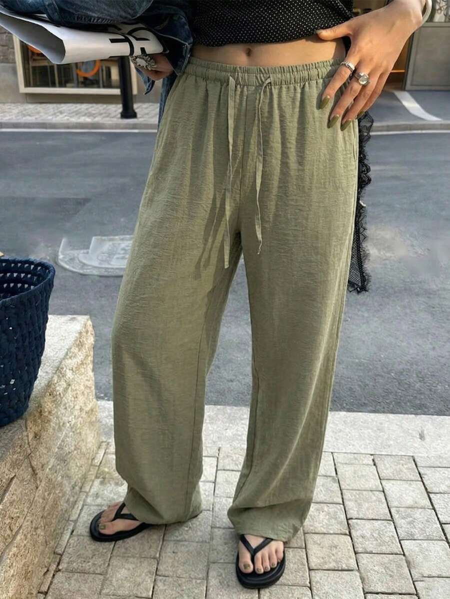 女士休闲亚麻质感阔腿裤，百搭夏季款式 - 綠色 - 查看 1