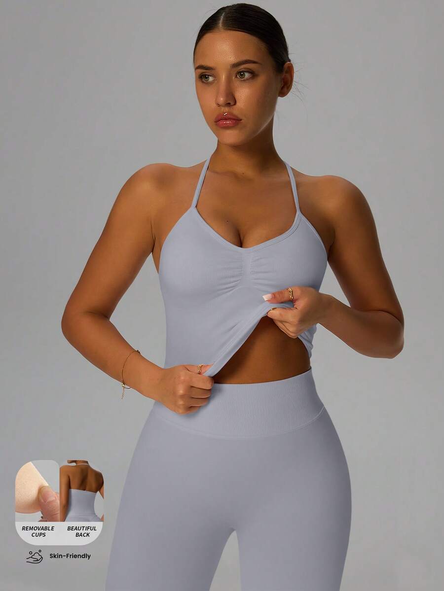 Yefecy 新款 Impact 运动瑜伽背心，女士健身瑜伽衫，运动服，露背褶皱内置胸罩短款上衣，春季款 - 灰色 - 查看 1