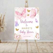 1pc Personalized Birthday Welcome Sign, Customized Text, Pink Ribbon, Entrance Welcome Board, Floral Butterfly Design, Girls Birthday Party Decoration, Wedding Anniversary, Retirement Celebration, Printed Painting, Cute Wall Art, Frameless - Multicolor - View 13