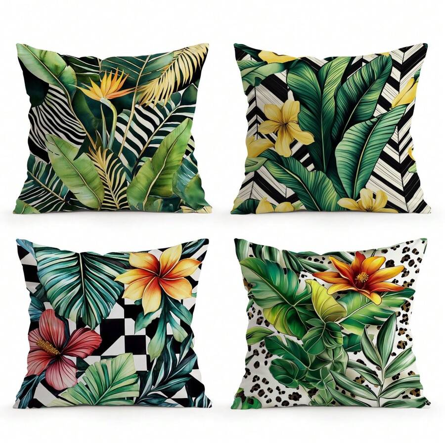 4 piezas Funda de cojín/Funda de almohada con estampado de hojas de plantas tropicales, Fundas decorativas para cojín impresas por un solo lado para sala de estar, sofá, dormitorio, sin relleno de almohada, 40x40cm/45x45cm/50x50cm