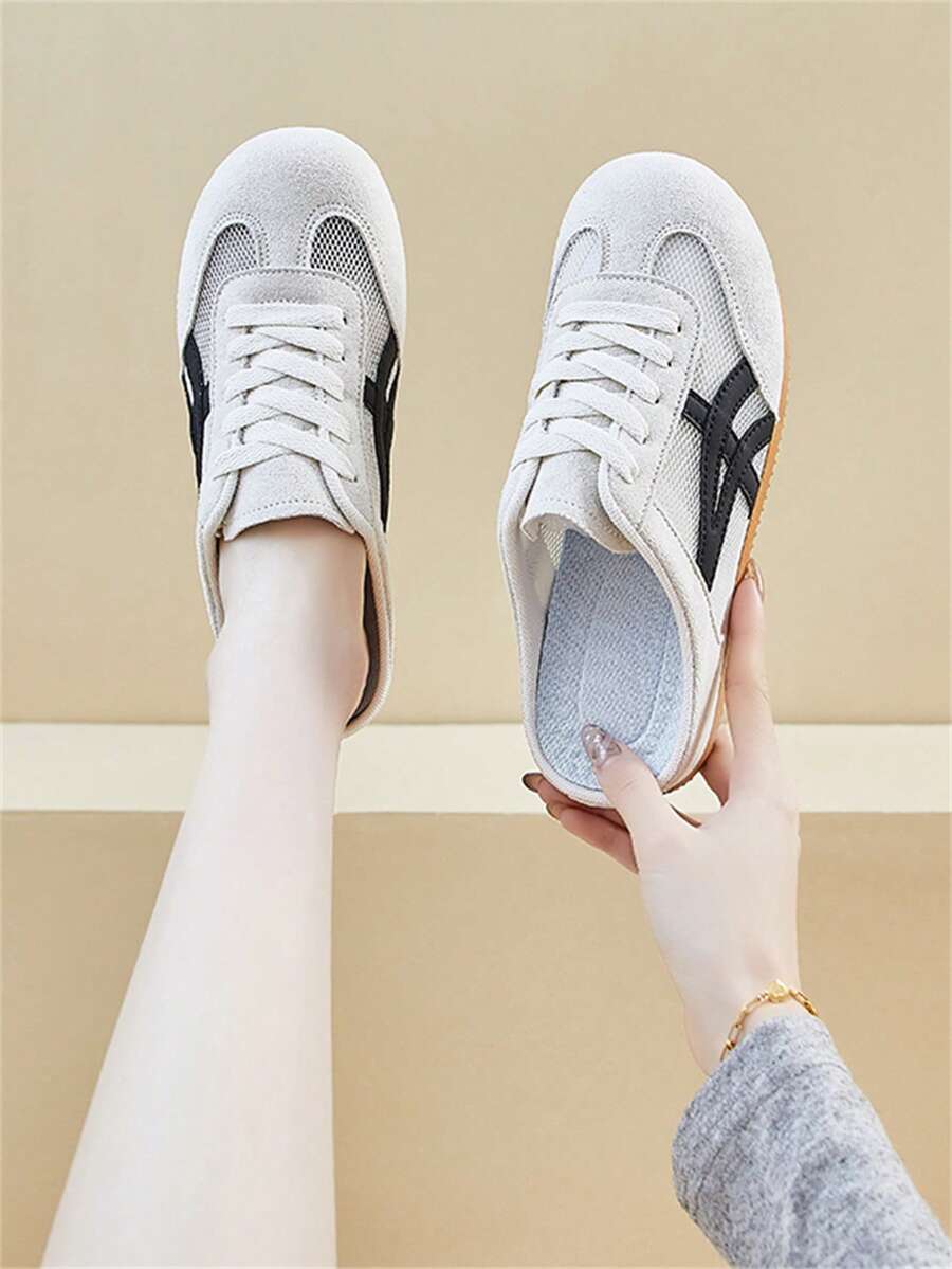 Shoes Giày thể thao đế bệt thoáng khí mùa hè cho nữ, giày buộc dây kiểu retro, giày đi bộ đế bằng nhẹ, chống trơn trượt. - Màu be - Xem 1
