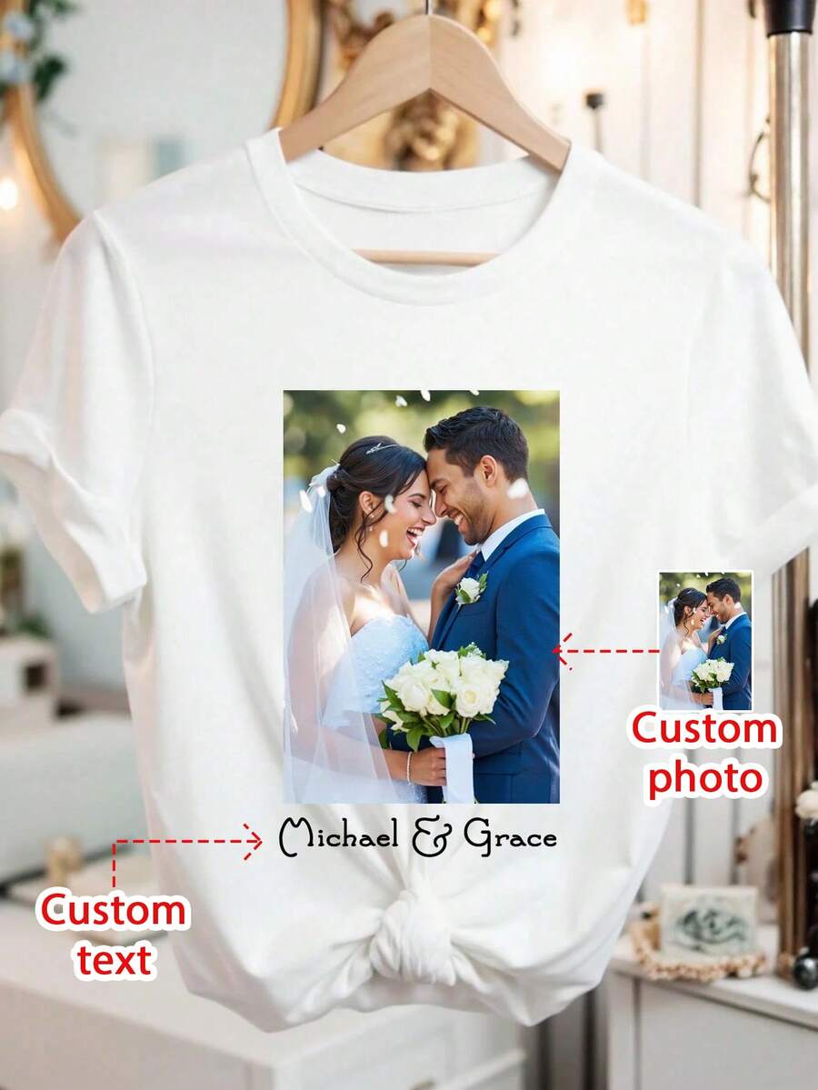 Áo thun nữ tùy chỉnh - Thêm ảnh/văn bản của riêng bạn (ảnh gia đình/ảnh tự chụp/khẩu hiệu/nhật ký), thiết kế áo thun in theo ý muốn, thời trang, phong cách hip-hop, độc đáo, có thể dùng làm quà tặng cho bạn gái, gia đình, bạn bè, con cái, thỏa sức sáng tạo thiết kế. - trắng - Xem 1