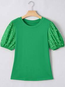 Acelitt Summer Solid Color Pearl Decor Knit Ribbed Splice Petal Sleeve Round Neck Top Spring - Green - View 5