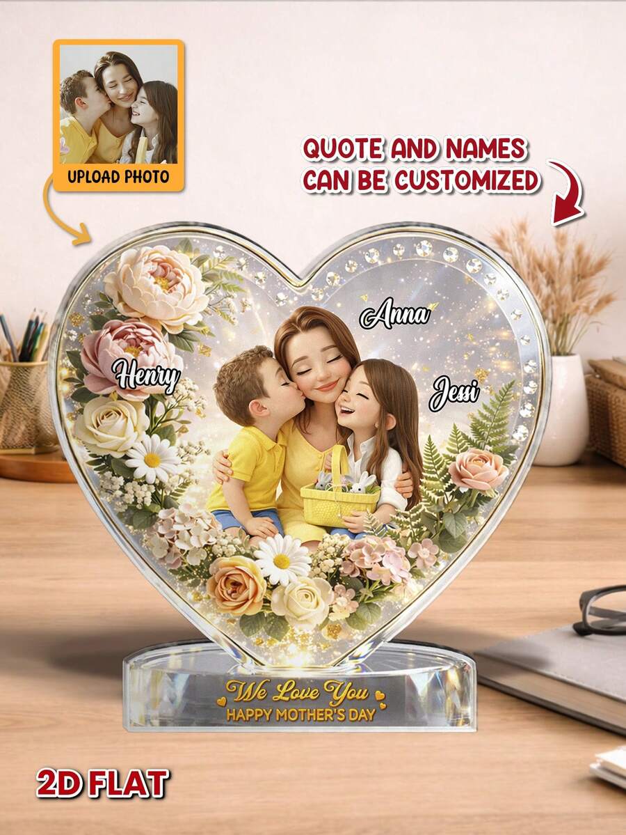 Mother's Day Gift Acrylic Plaque With Floral Design, Customizable With Family Name And "Forever Connected", Personalized Desktop Decor, 2D Flat Home Decoration Sign - As Shown - View 1