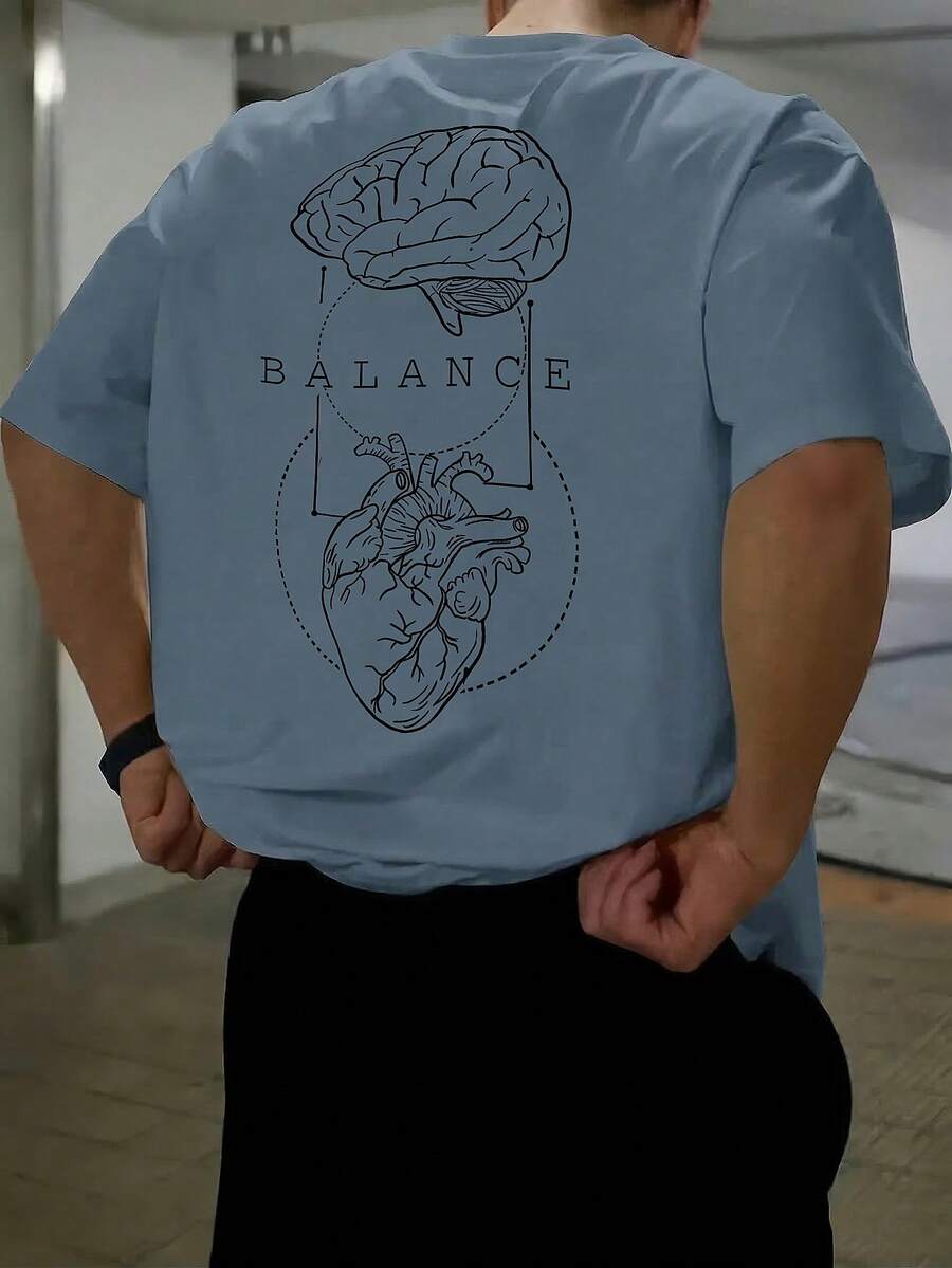 1pc Men's Fashionable Printed Loose Fit Short Sleeve T-Shirt | Exquisite Design | Summer Essential | Easy To Match, Showcase Your Style - Dusty Blue - View 1