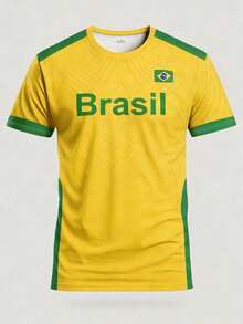 巴西风格男士足球球衣，圆领舒适透气运动上衣，适合足球比赛、训练和日常休闲穿着 - 金色 - 查看 3