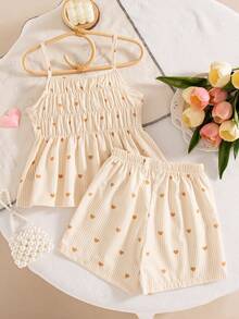 2pcs Setelan Kasual Anak Perempuan Motif Garis-Garis dan Hati, Rompi Tali Bahu Tipis dan Celana Pendek Pinggang Elastis, Musim Semi/Panas - Aprikot - View 2