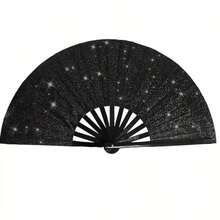 1 Piece Glitter Big Carnival Folding Hand Fan For EDM, Festivals, Clubs, Parties, Dancing (Silver + Black), Sparkling - Multicolor - View 3