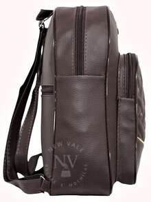 Women's Backpack, Small Bag With A Cool And Delicate Print + Pompom Keychain. - Coffee - View 2