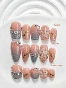 10pcs/Set Valentine's Day Handmade Nail Art Kit, Includes White Flower & Bow Decor, White & Red Gel Nails, French Polka Stickers, Heart Painting, Silver Beads Embedded, 3 Sizes Available: Almond/Square/Coffin Shape, With Set, Suitable Sweet Ladies & Girls, Valentine's Day/Party/Daily Wear Nail Supplies Handmade Press On Nails - 多色 14 - 查看 2