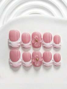 10pcs/Set Valentine's Day Handmade Nail Art Kit, Includes White Flower & Bow Decor, White & Red Gel Nails, French Polka Stickers, Heart Painting, Silver Beads Embedded, 3 Sizes Available: Almond/Square/Coffin Shape, With Set, Suitable Sweet Ladies & Girls, Valentine's Day/Party/Daily Wear Nail Supplies Handmade Press On Nails - 多色 17 - 查看 5