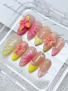 10片手工制作杏仁形美甲贴片，活力多巴胺色调，3D立体花卉装饰，黄色法式甲尖，粉色贝壳碎片，水滴形凝胶珠和珍珠，高端亚克力假指甲套装，适合女性和女孩日常佩戴 - 彩色 - 查看 1