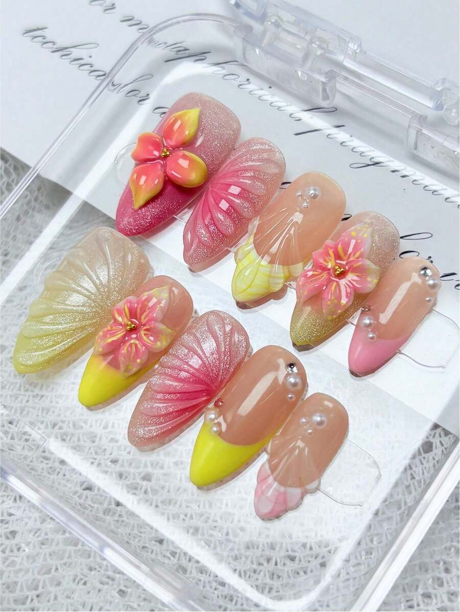 10片手工制作杏仁形美甲贴片，活力多巴胺色调，3D立体花卉装饰，黄色法式甲尖，粉色贝壳碎片，水滴形凝胶珠和珍珠，高端亚克力假指甲套装，适合女性和女孩日常佩戴 - 彩色 - 查看 1