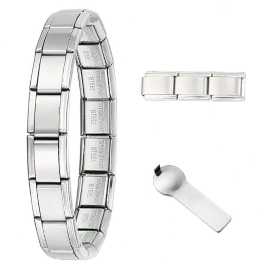 9mm Italian Charm Bracelet Starter Set Stainless Steel Classic Link Bracelet For Women Men Adjustable 6.75-8 Inch 18+3 Links With Connector Tool Multiple Colors - 銀色 - 查看 1