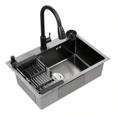 ShangPuYun Modern Minimalist Black Stainless Steel Kitchen Sink, With Pull-Down Faucet ,Glass Rinser, Soap Dispenser,Drain Basket & Complete Drain Kit,Easy Install For Kitchen & RV Renovation