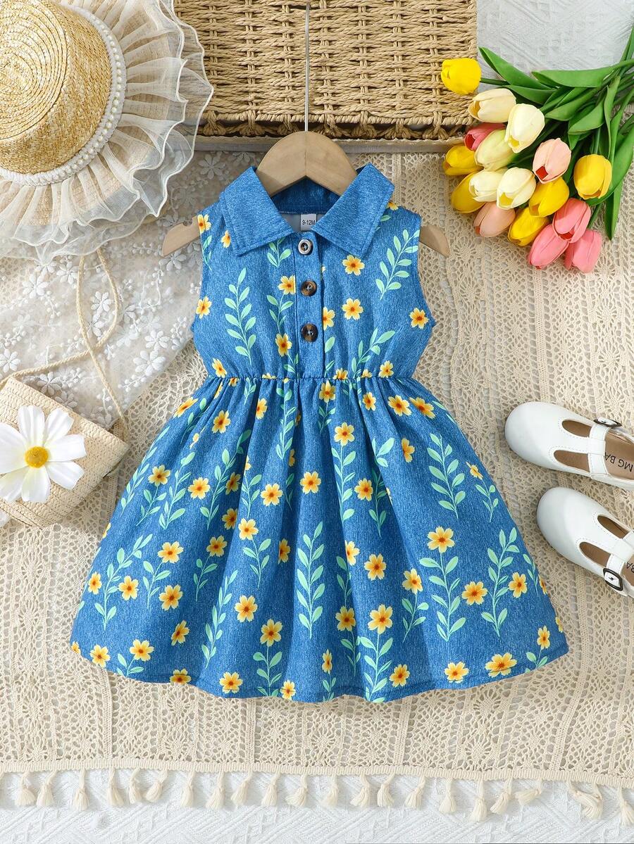 夏日多巴胺连衣裙，蓝色底色配黄色花朵图案+Polo领，女童活力连衣裙 - 藍色 - 查看 1