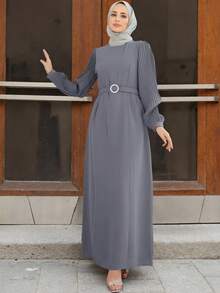 Modest Women's Grey Pleated Puff Sleeve Maxi Abaya With O Ring Belt Islamic Formal Long Spring - Grey - View 10